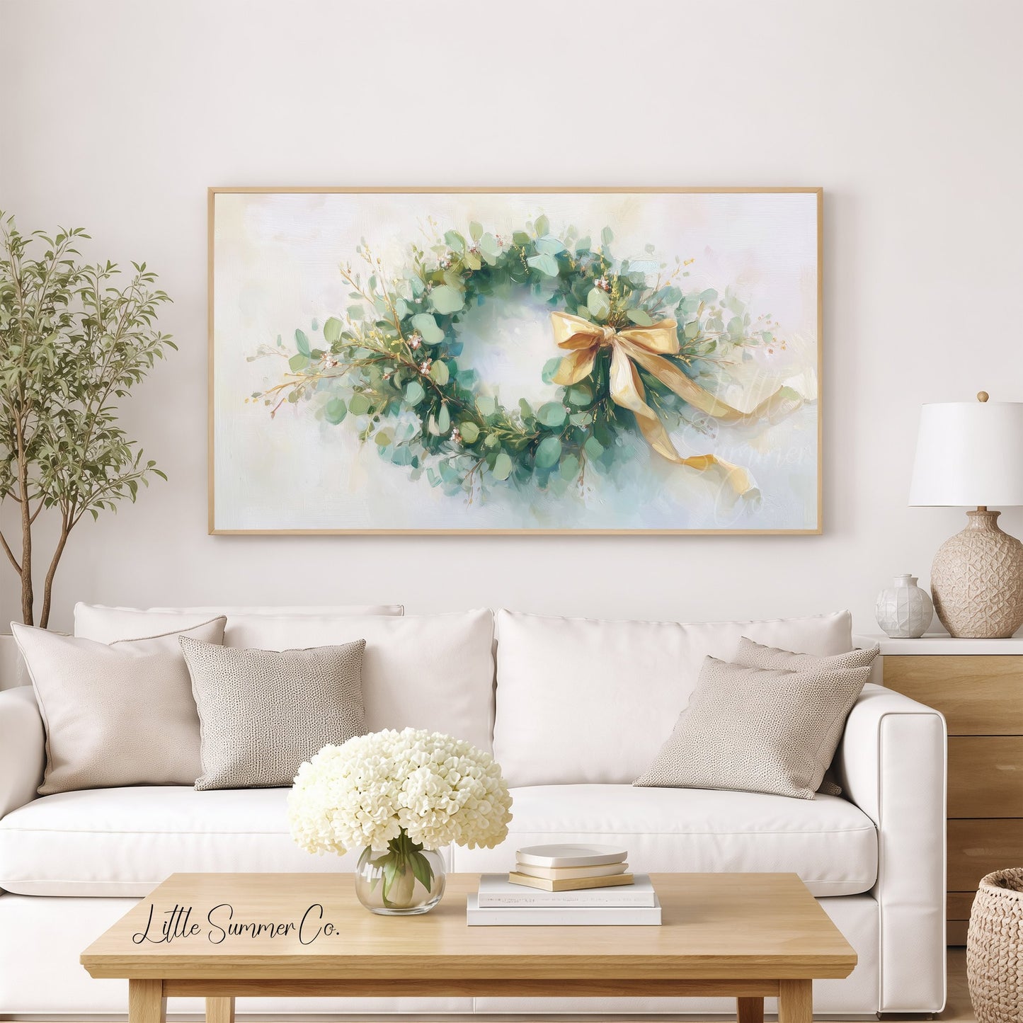 Eucalyptus Wreath Frame TV Art displayed on a TV