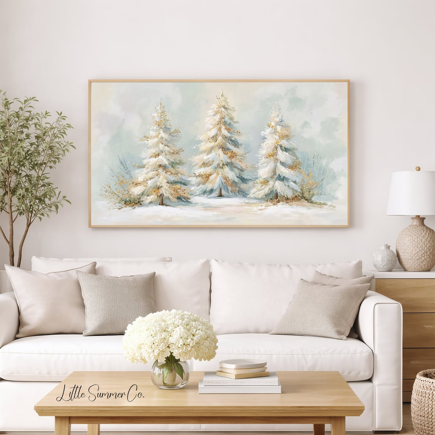Frosted Pine Tree Trio Frame TV Art displayed on a TV