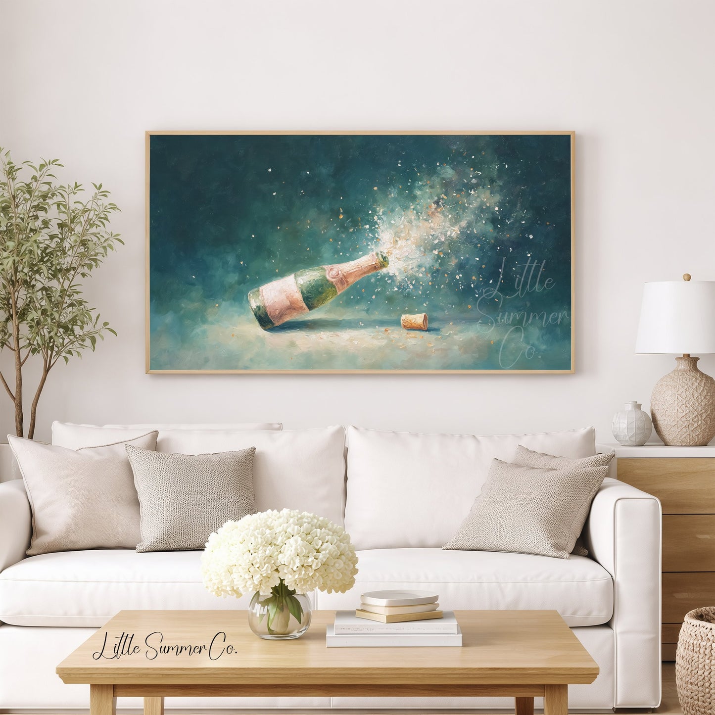 Champagne Pop Frame TV Art displayed on a TV