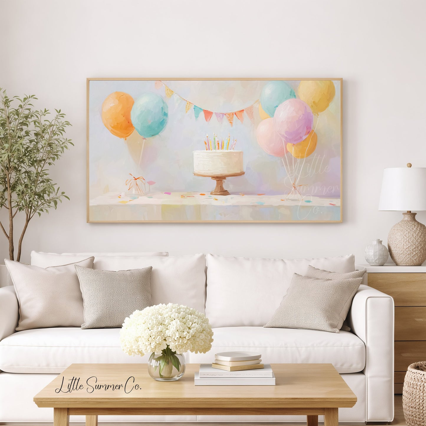 Party Balloon Cake Frame TV Art displayed on a TV
