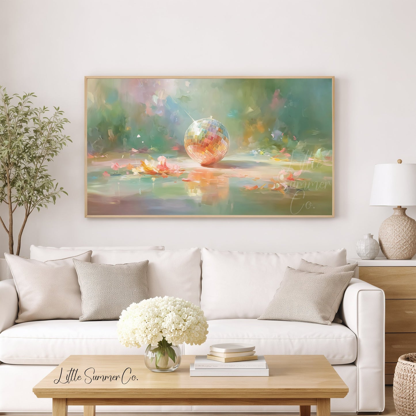 Disco Ball with Flower Petals Frame TV Art displayed on a TV