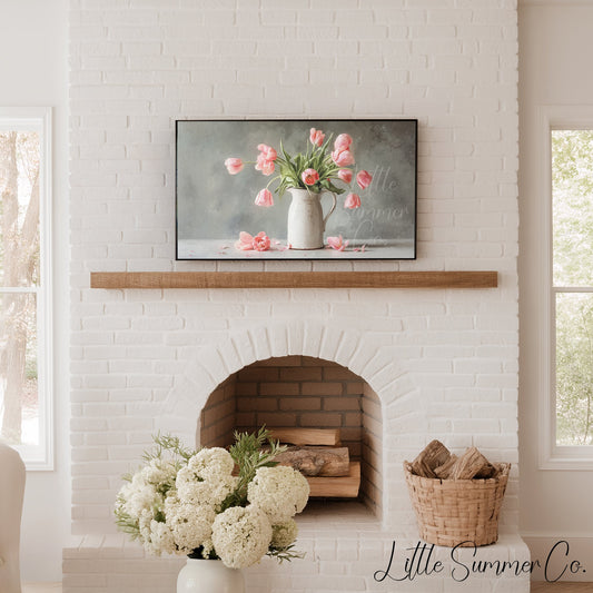 Pink Tulips Grey Background Pitcher Frame TV Art displayed on a TV