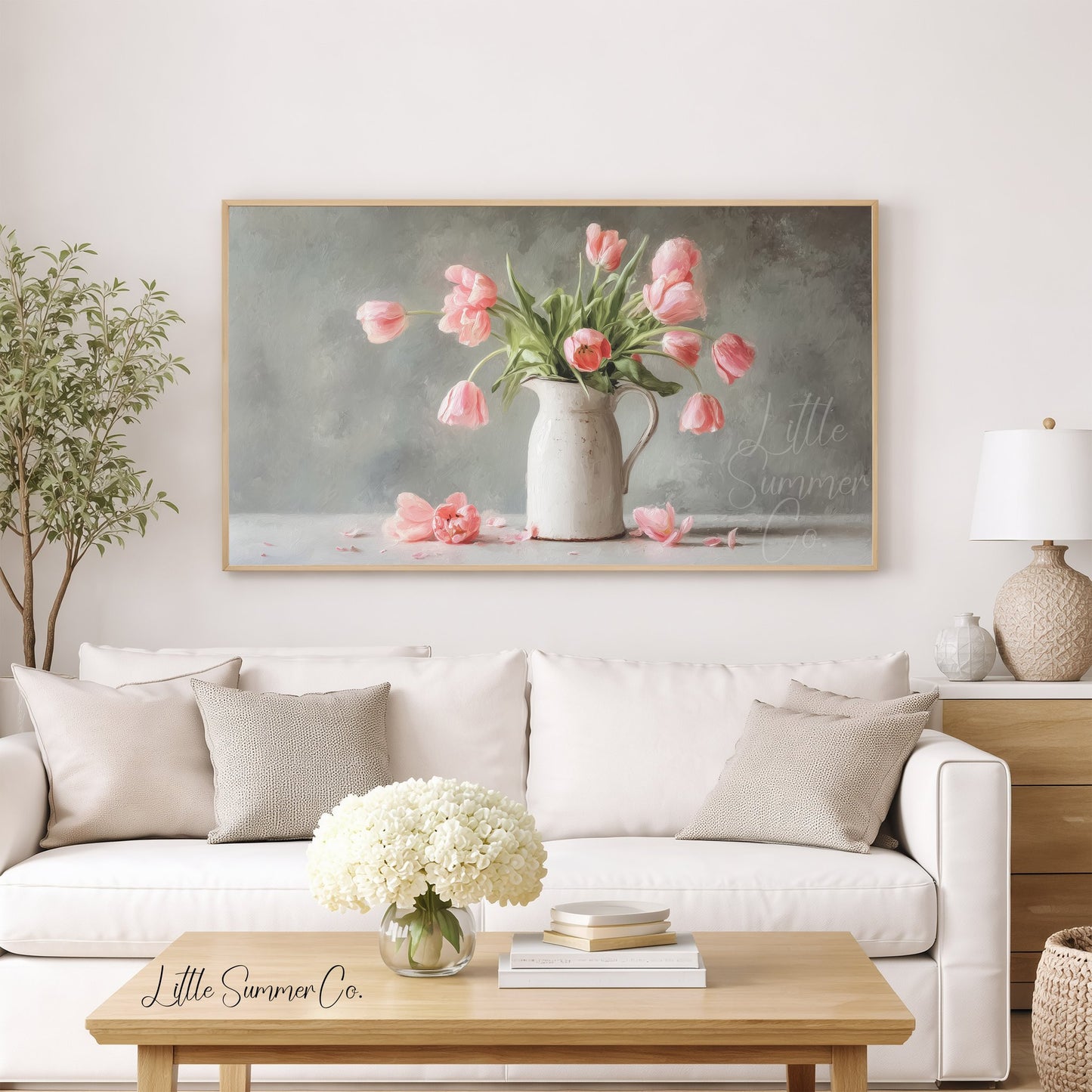 Pink Tulips Grey Background Pitcher Frame TV Art displayed on a TV