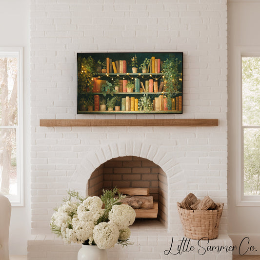 Bookshelf with Plants and Fairy Lights Frame TV Art displayed on a TV