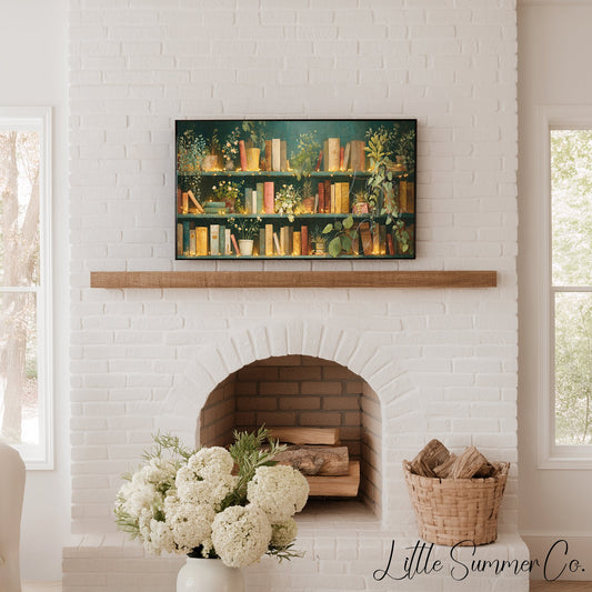 Books and Plants with Fairy Lights Frame TV Art displayed on a TV