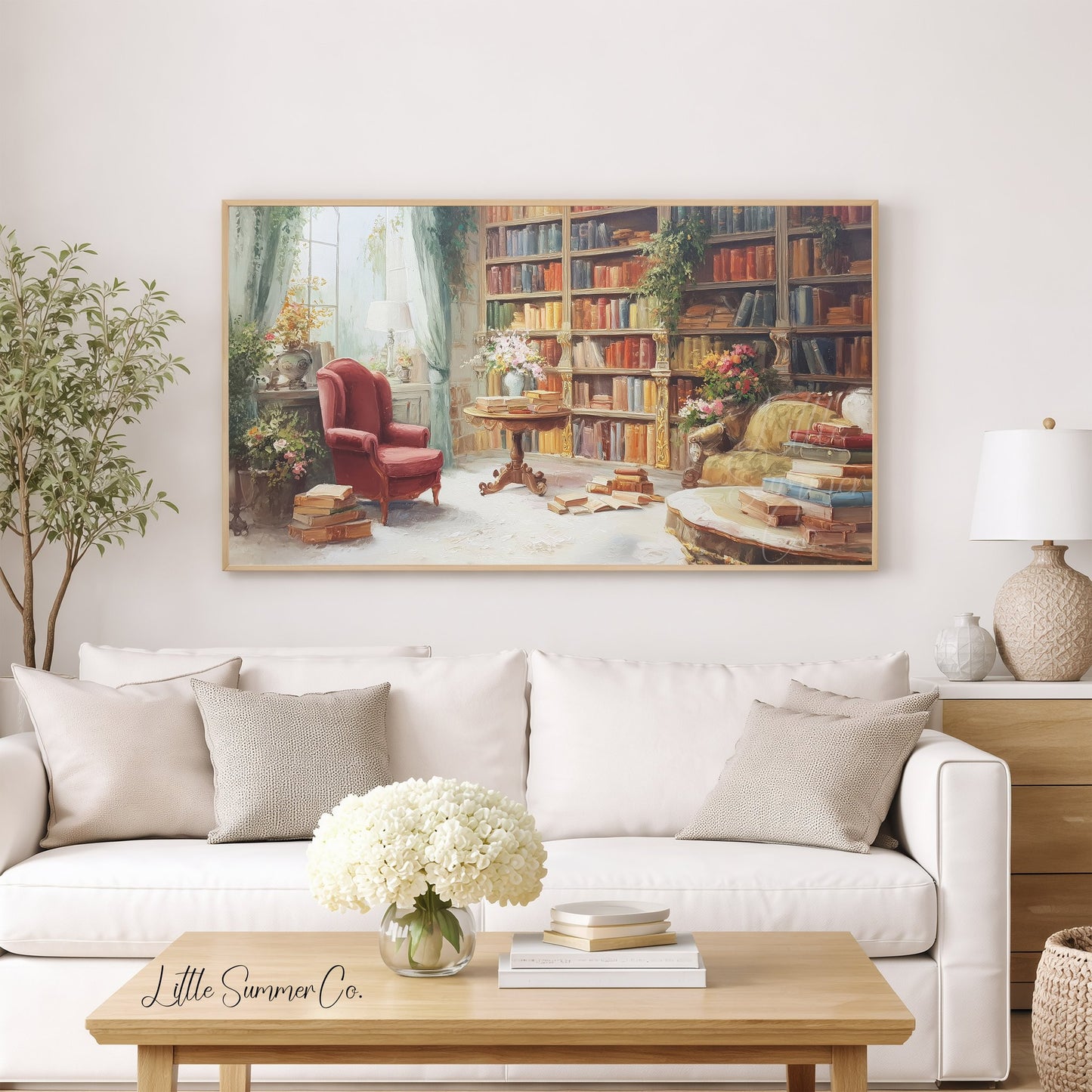 Cosy Library Books Frame TV Art displayed on a TV
