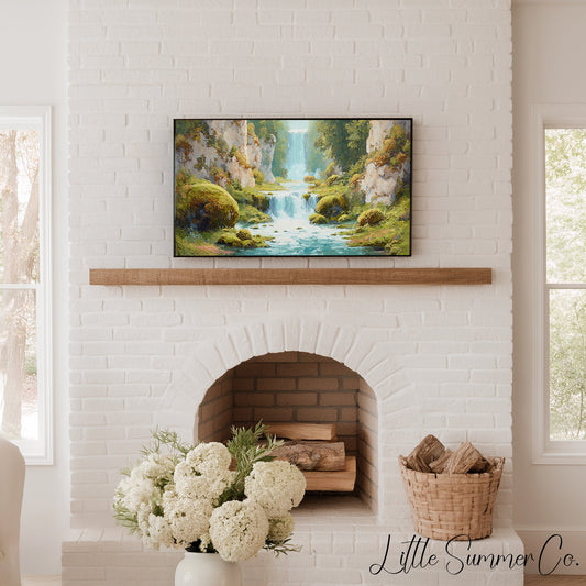 Mossy Canyon Waterfall Frame TV Art displayed on a TV