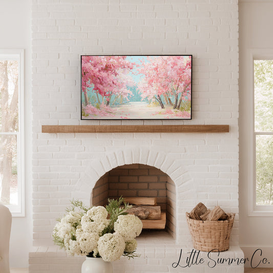 Cherry Blossom Tree Lined Path Frame TV Art displayed on a TV