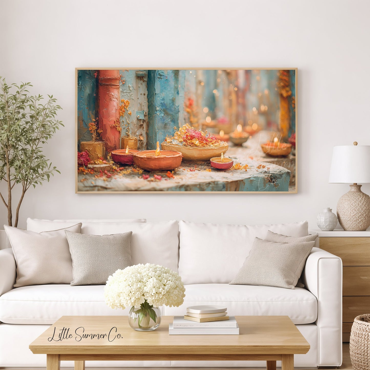 Diwali Diyas Stone Ledge Frame TV Art displayed on a TV
