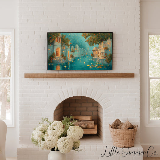 Diwali Floating Candles Canal Frame TV Art displayed on a TV