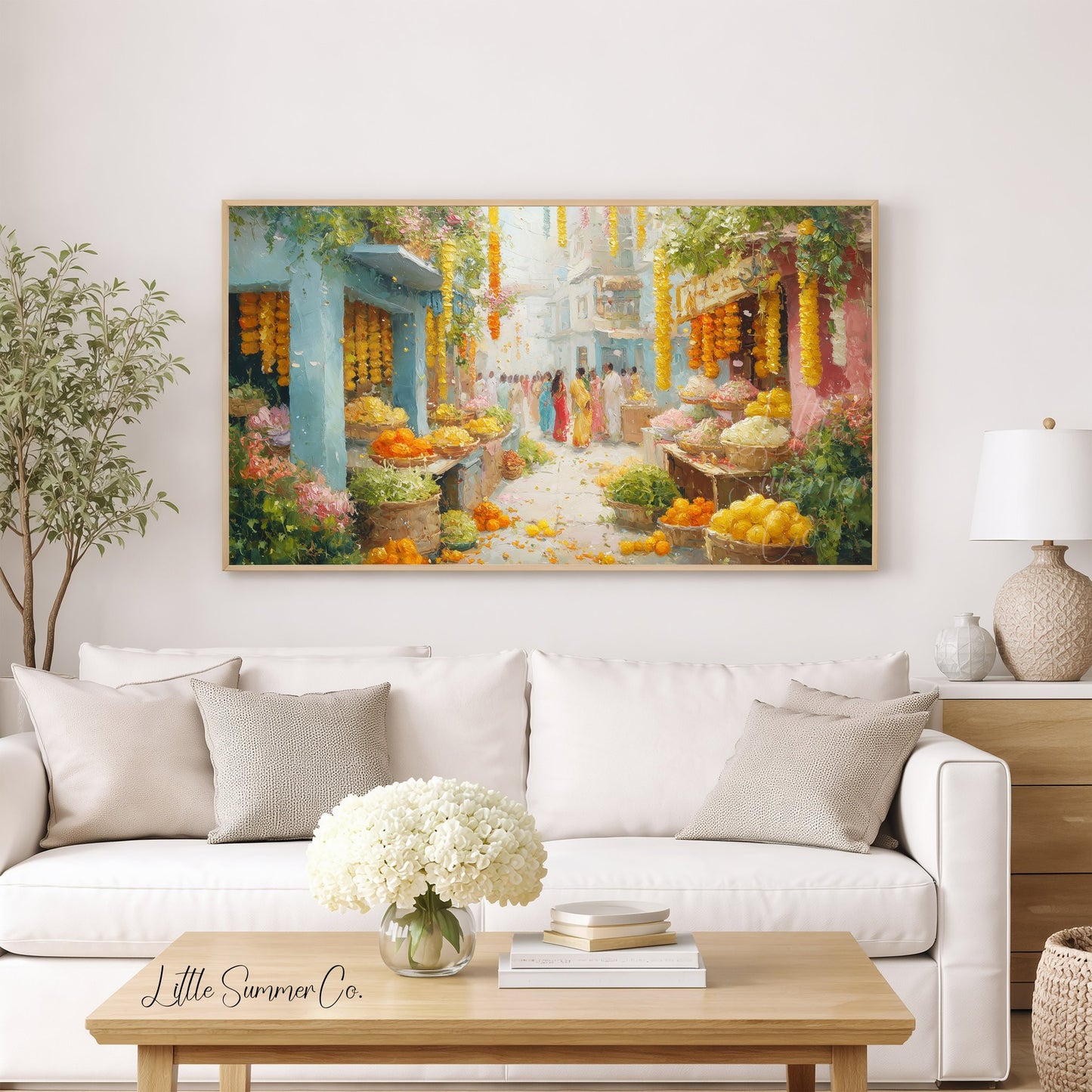 Indian Flower Market Street Frame TV Art displayed on a TV