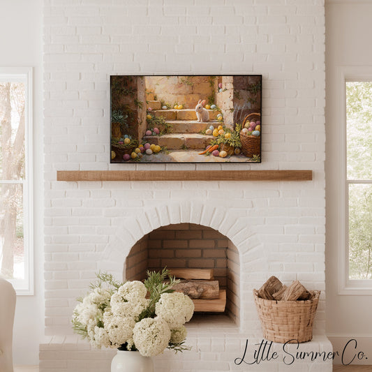 Bunny On Stone Steps Frame TV Art displayed on a TV