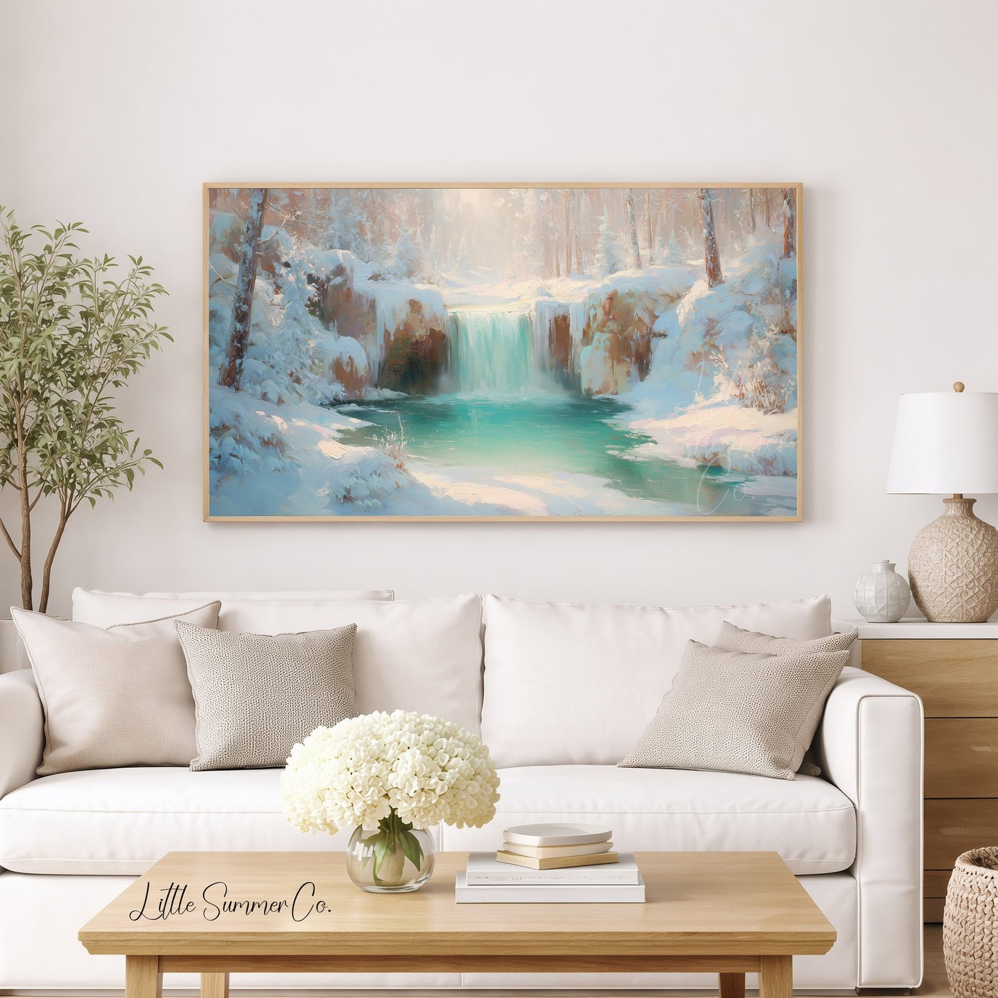 Icy Turquoise Waterfall Frame TV Art displayed on a TV