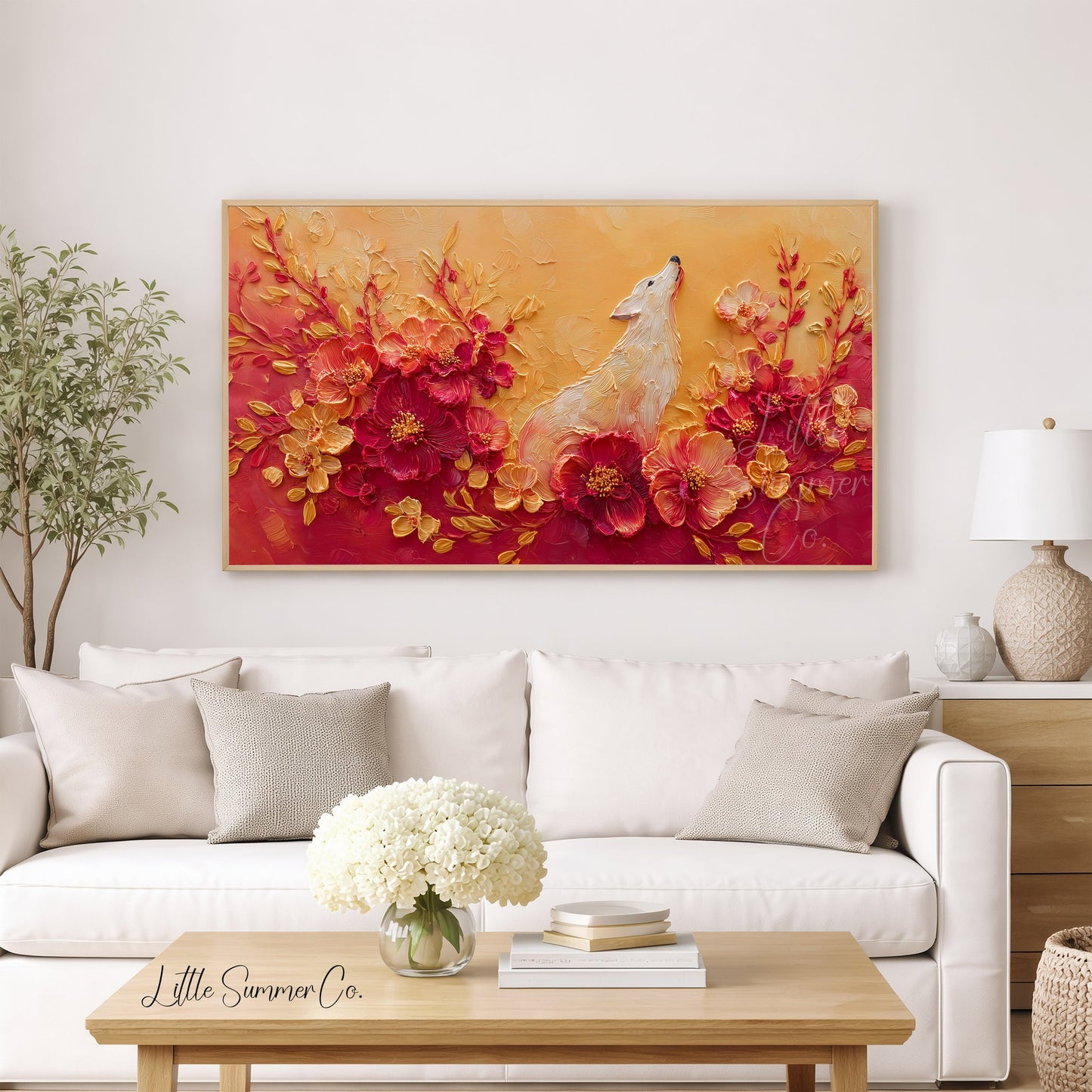 White Dog Among Flowers Frame TV Art displayed on a TV