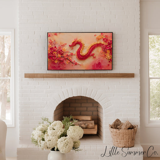 Red Dragon and Blossoms Frame TV Art displayed on a TV