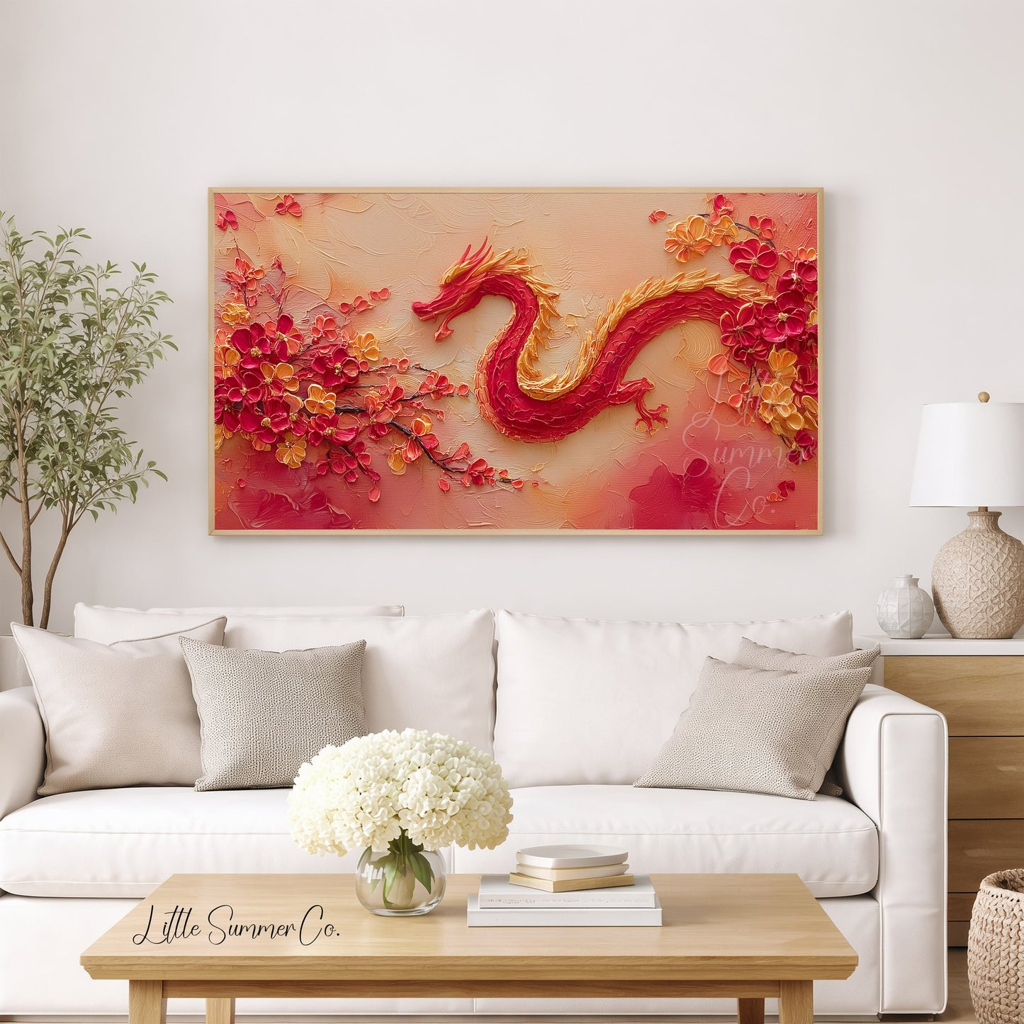 Red Dragon and Blossoms Frame TV Art displayed on a TV