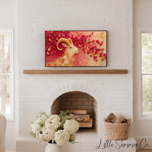 Golden Goat and Blossoms Frame TV Art displayed on a TV