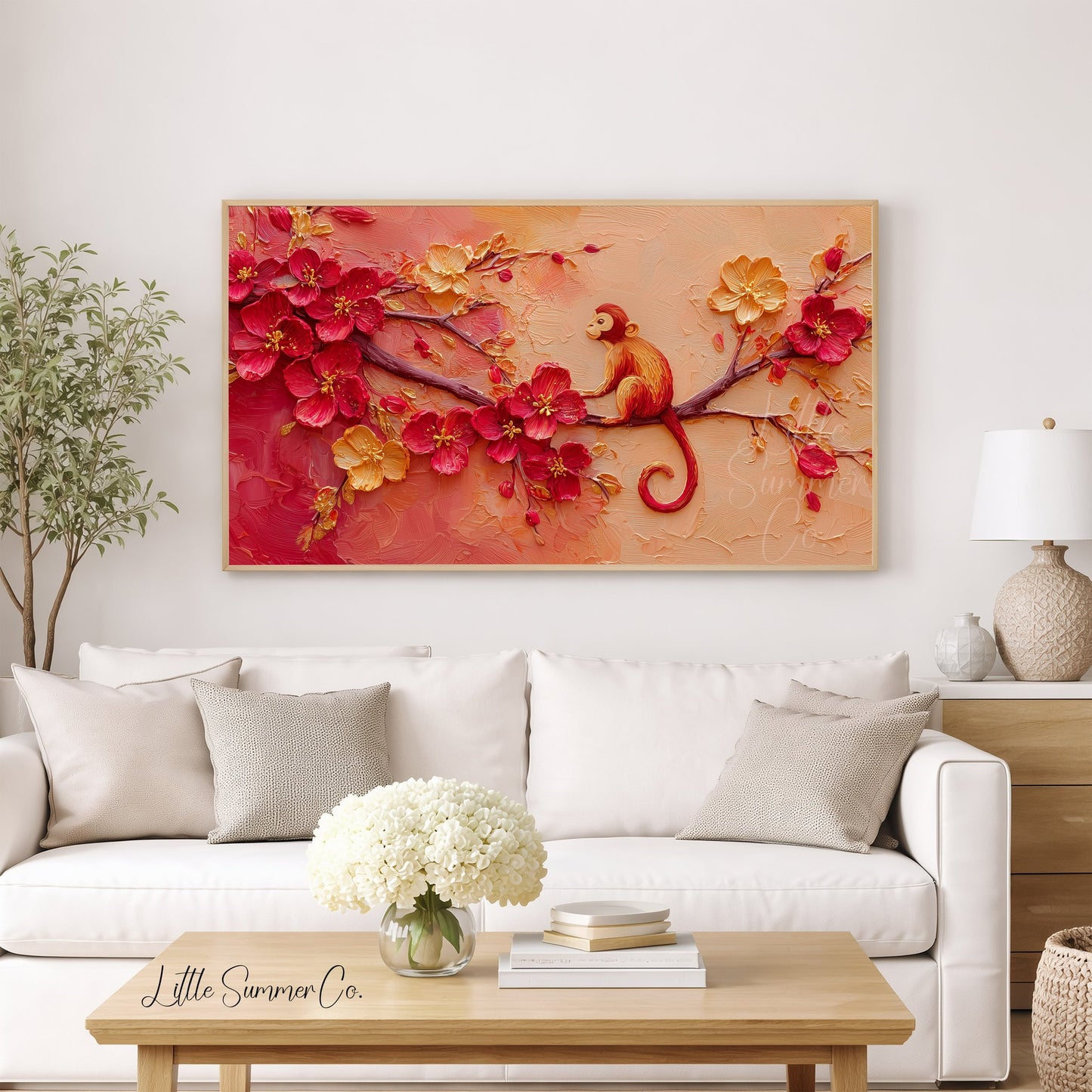 Golden Monkey in Blossoms Frame TV Art displayed on a TV