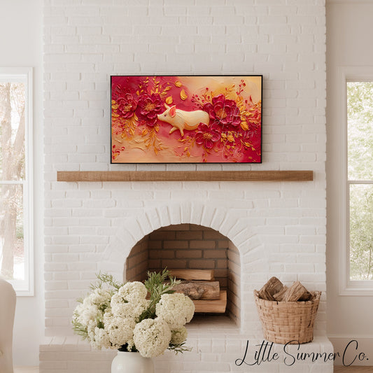 Golden Pig and Peonies Frame TV Art displayed on a TV