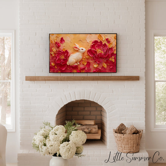 White Rabbit and Peonies Frame TV Art displayed on a TV
