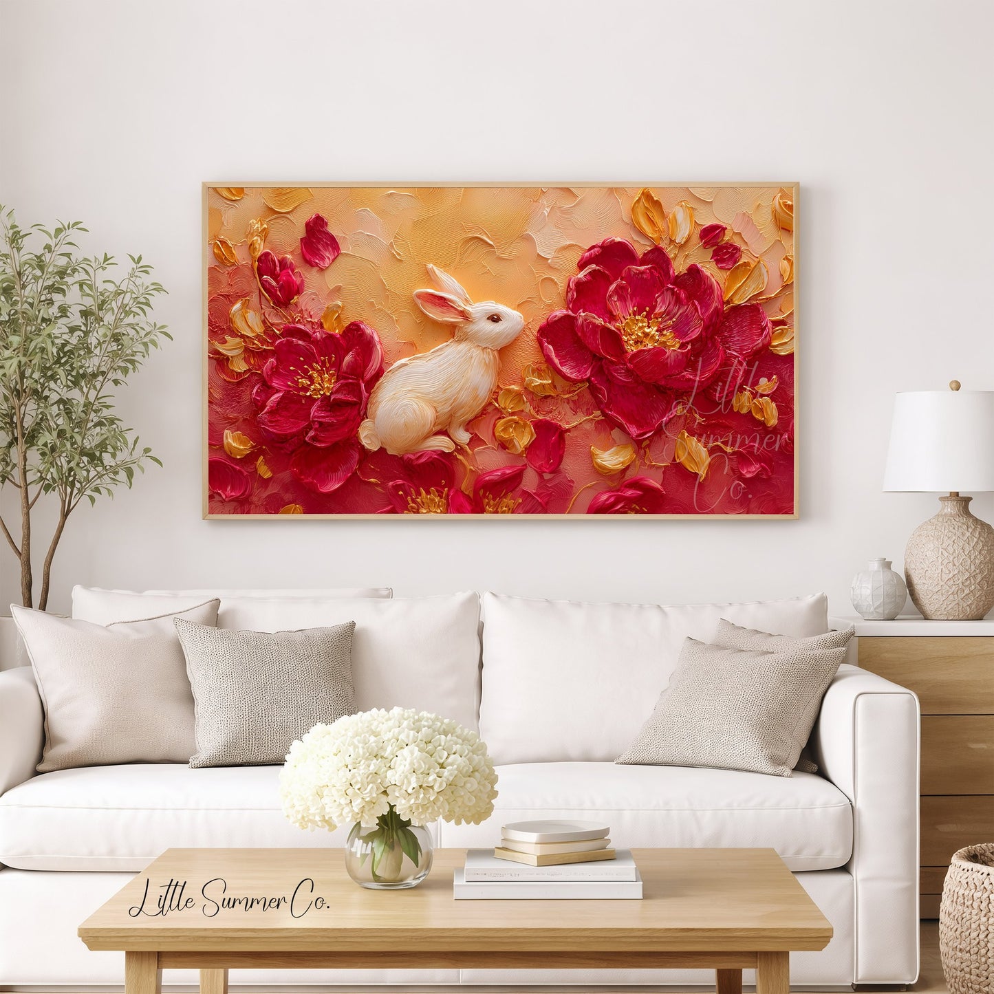 White Rabbit and Peonies Frame TV Art displayed on a TV
