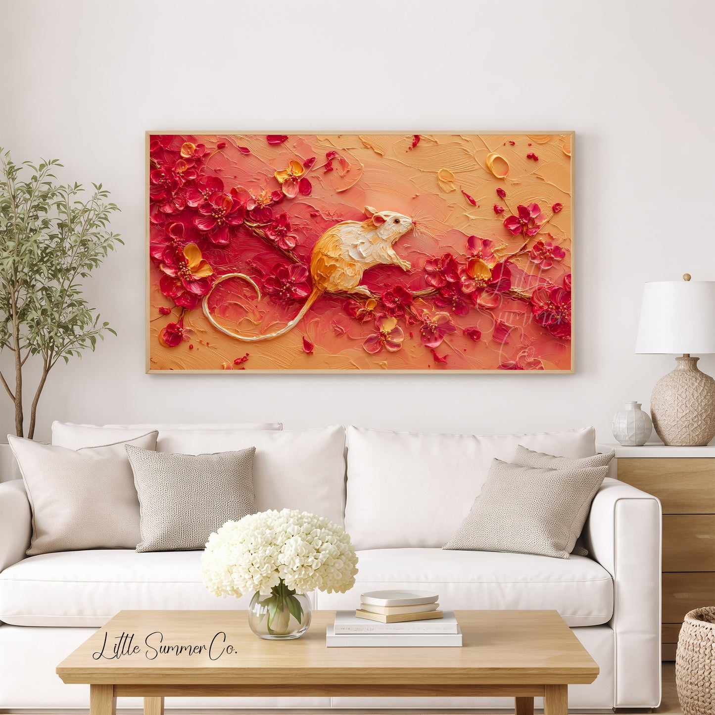 Golden Rat and Blossoms Frame TV Art displayed on a TV