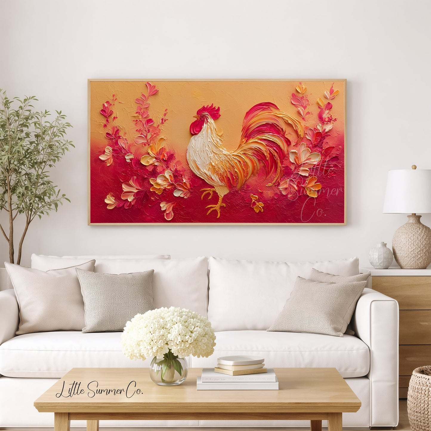Golden Rooster and Flowers Frame TV Art displayed on a TV