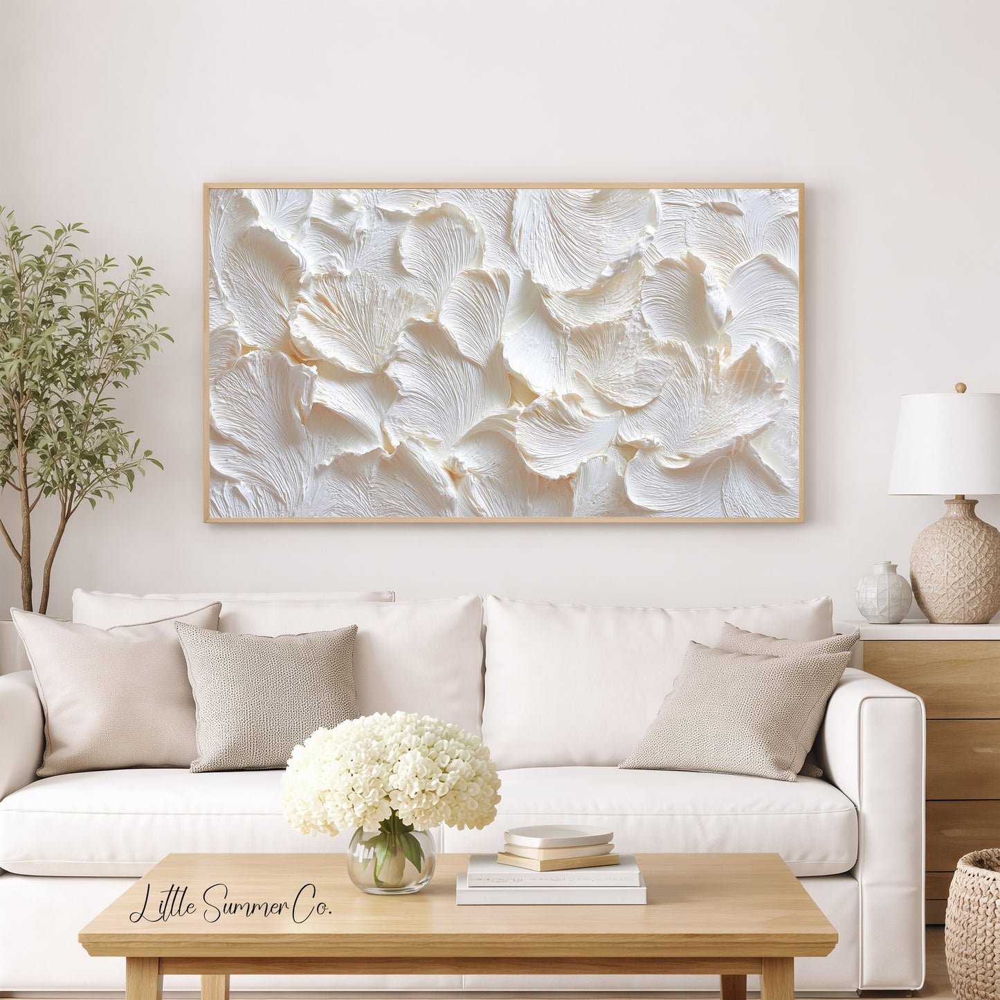 White Petal Relief Frame TV Art displayed on a TV