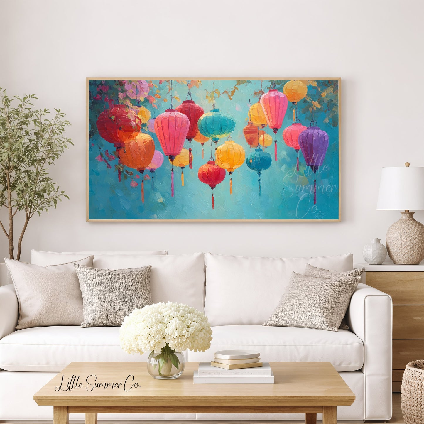 Colourful Hanging Lanterns Frame TV Art displayed on a TV