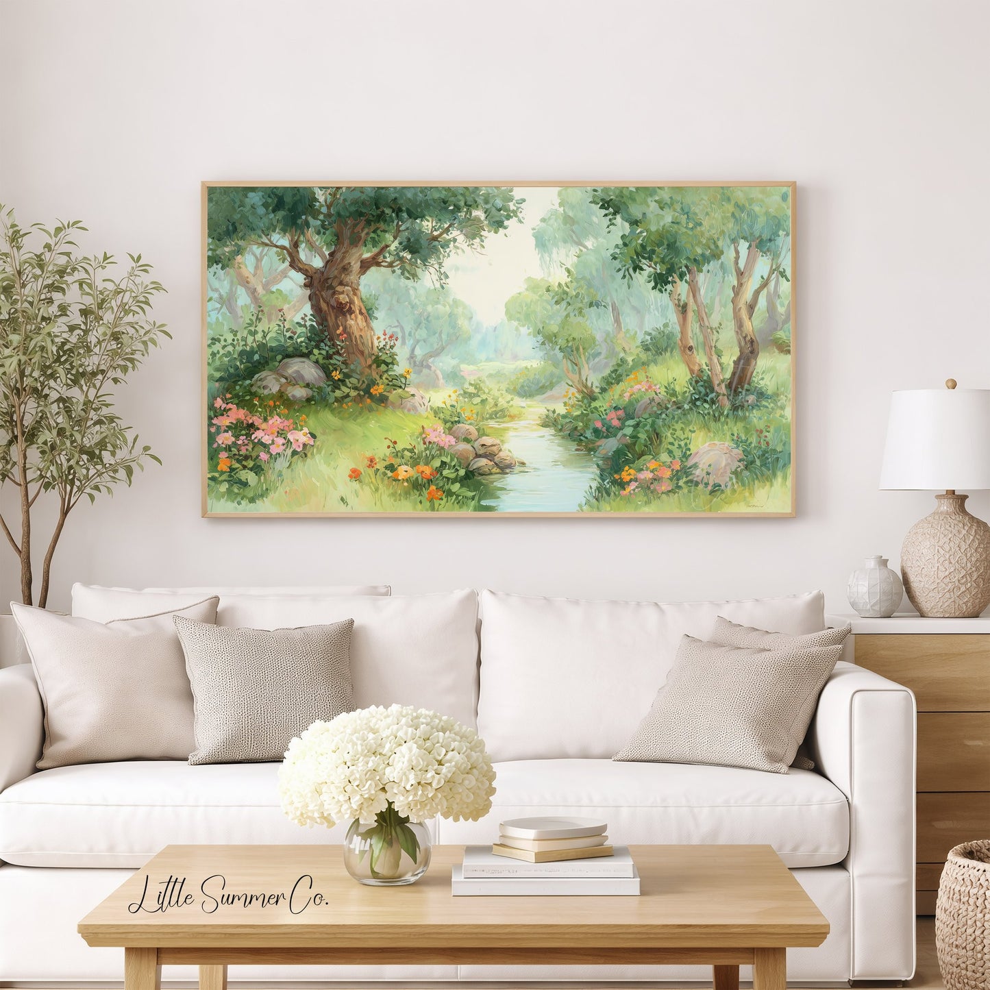 Woodland Stream and Flowers Frame TV Art displayed on a TV