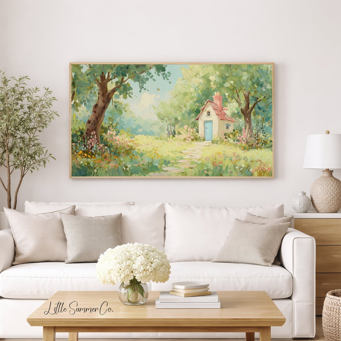 Cottage in Summer Garden Frame TV Art displayed on a TV