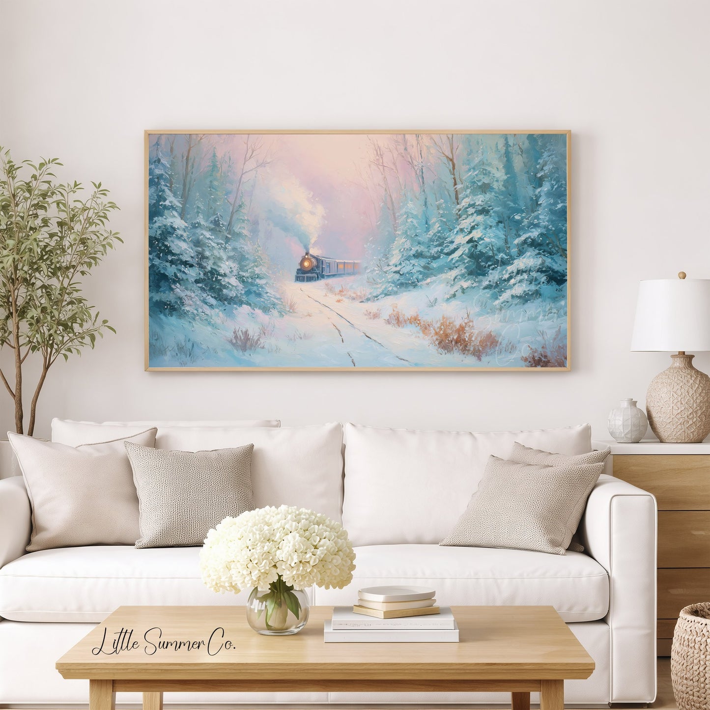 Steam Train in Snowy Forest Frame TV Art displayed on a TV