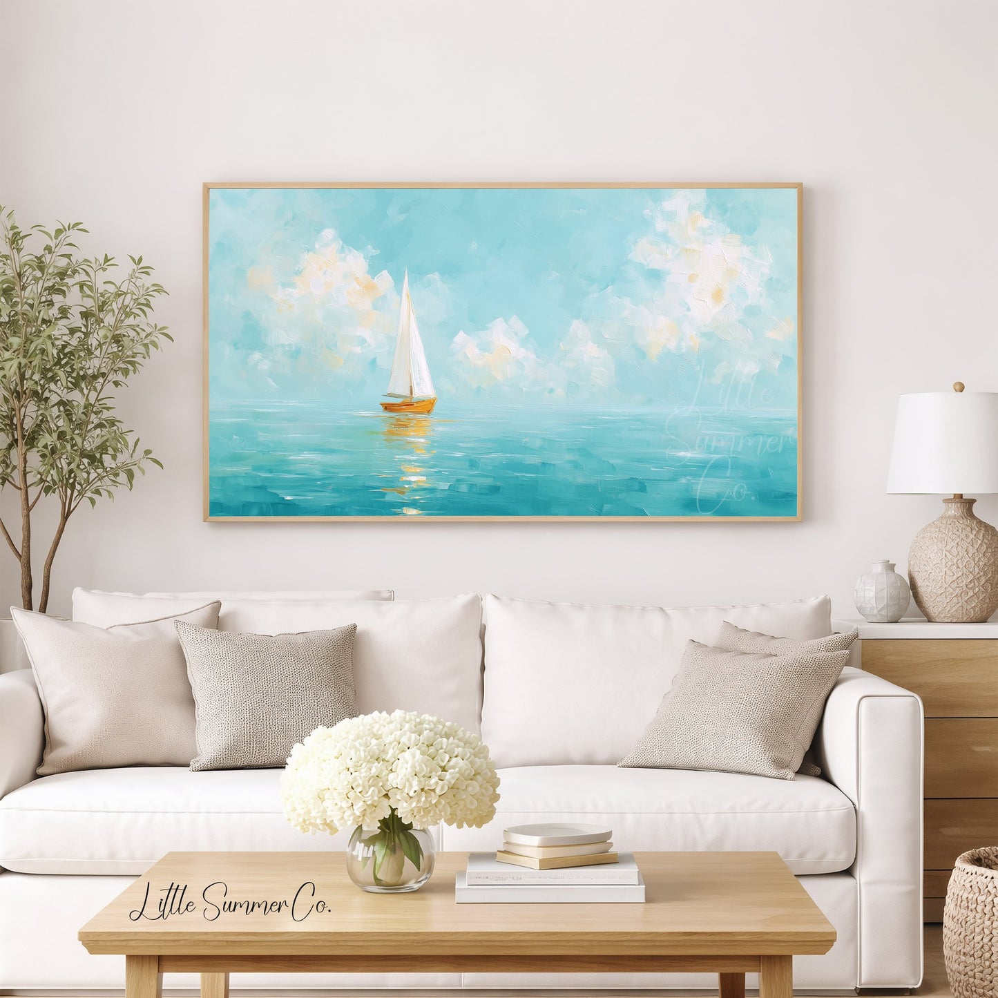 White Sailboat Frame TV Art displayed on a TV
