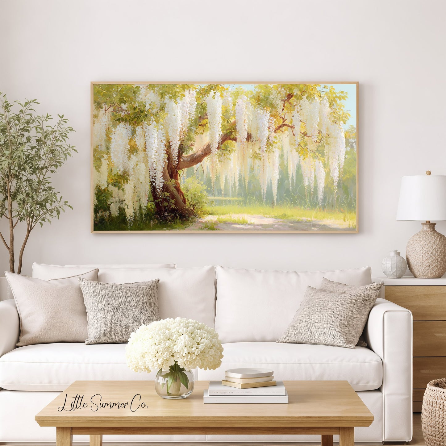 White Wisteria Cascading Frame TV Art displayed on a TV