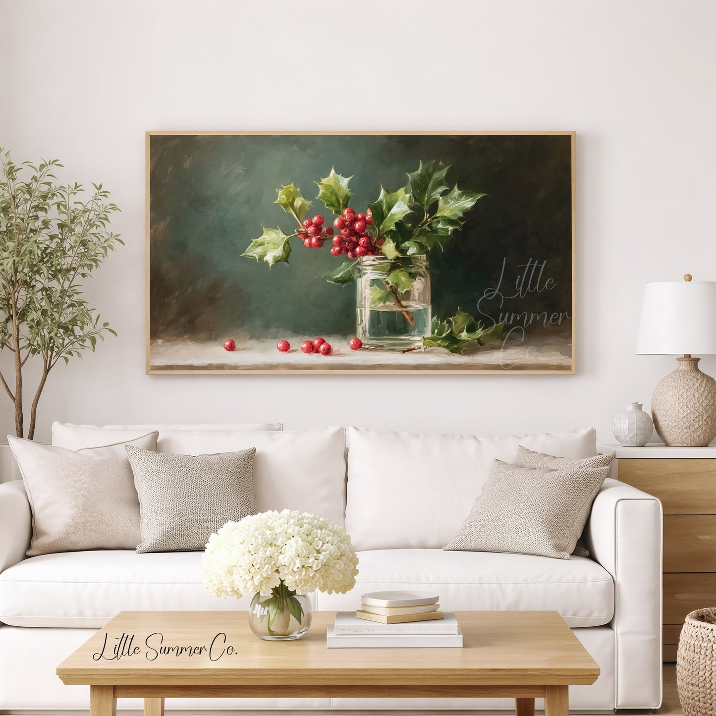 Holly Sprig in Glass Jar Frame TV Art displayed on a TV