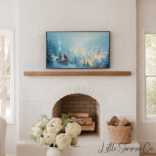 Santa on Rooftop Snowy Village Frame TV Art displayed on a TV