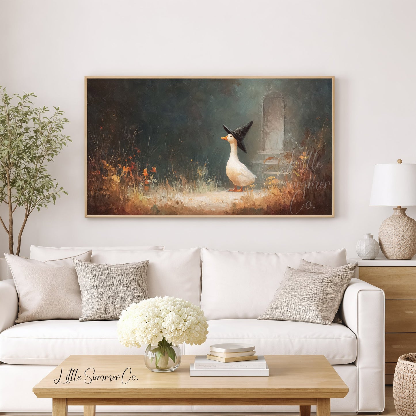 Witch Hat Duck in Garden Frame TV Art displayed on a TV