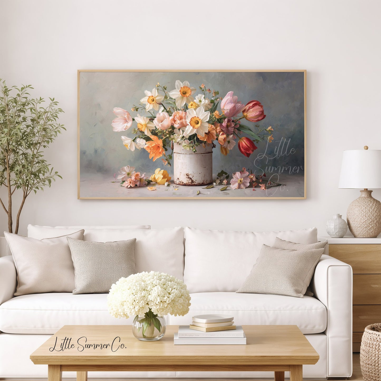 Daffodils and Tulips in Tin Frame TV Art displayed on a TV
