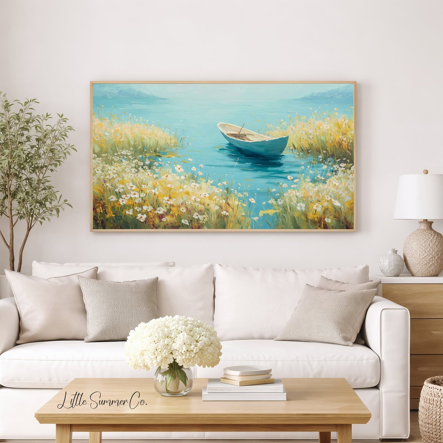 Rowboat on Wildflower Lake Frame TV Art displayed on a TV
