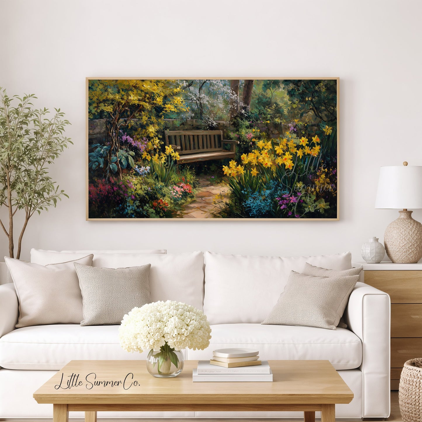 Garden Bench with Daffodils Frame TV Art displayed on a TV