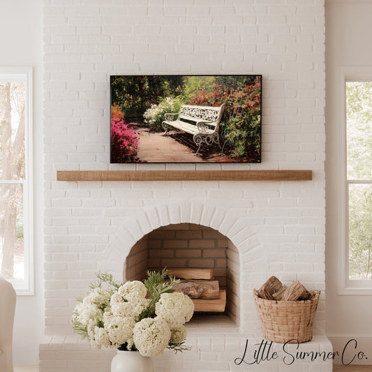 White Garden Bench with Azaleas Frame TV Art displayed on a TV