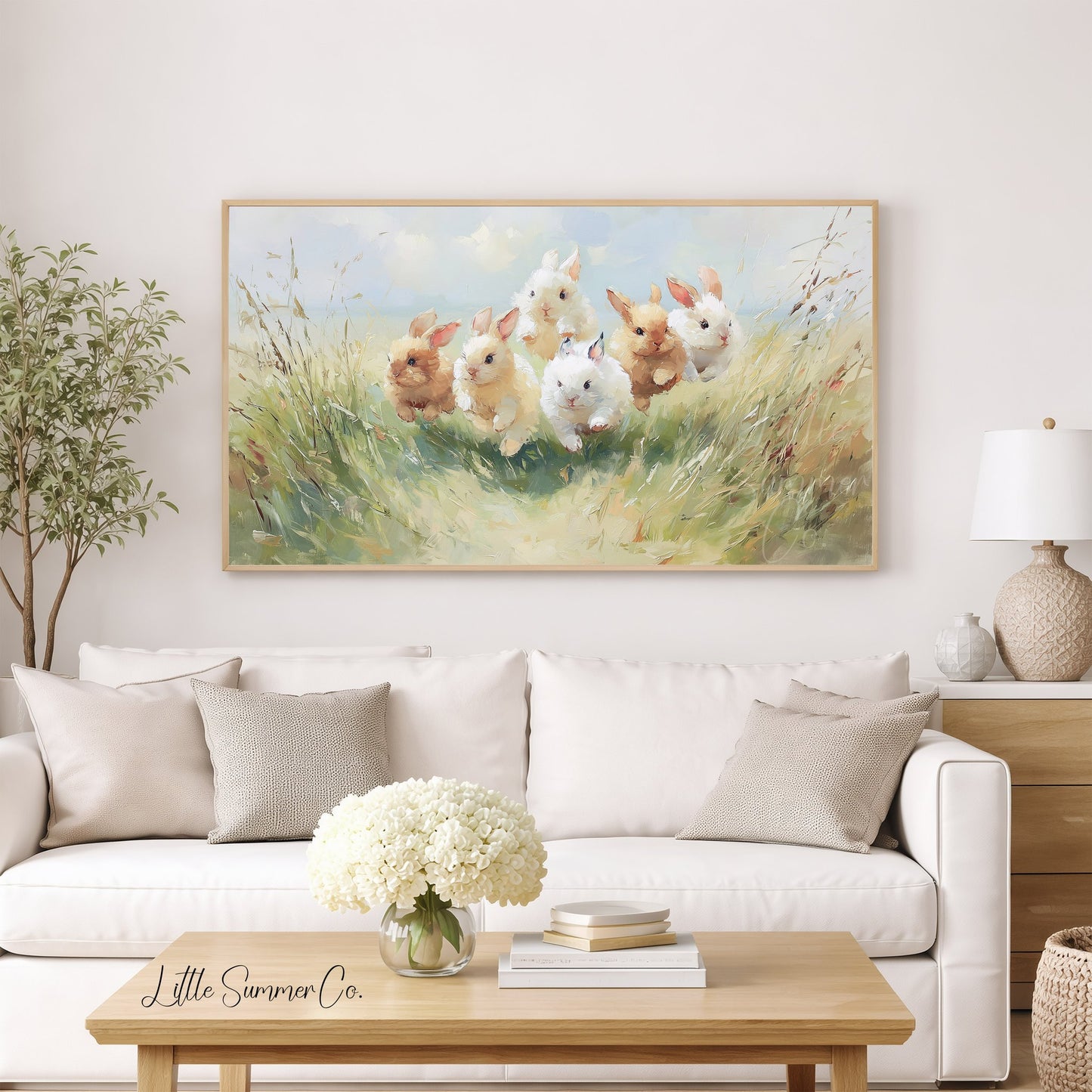 Baby Bunnies Running in Meadow Frame TV Art displayed on a TV