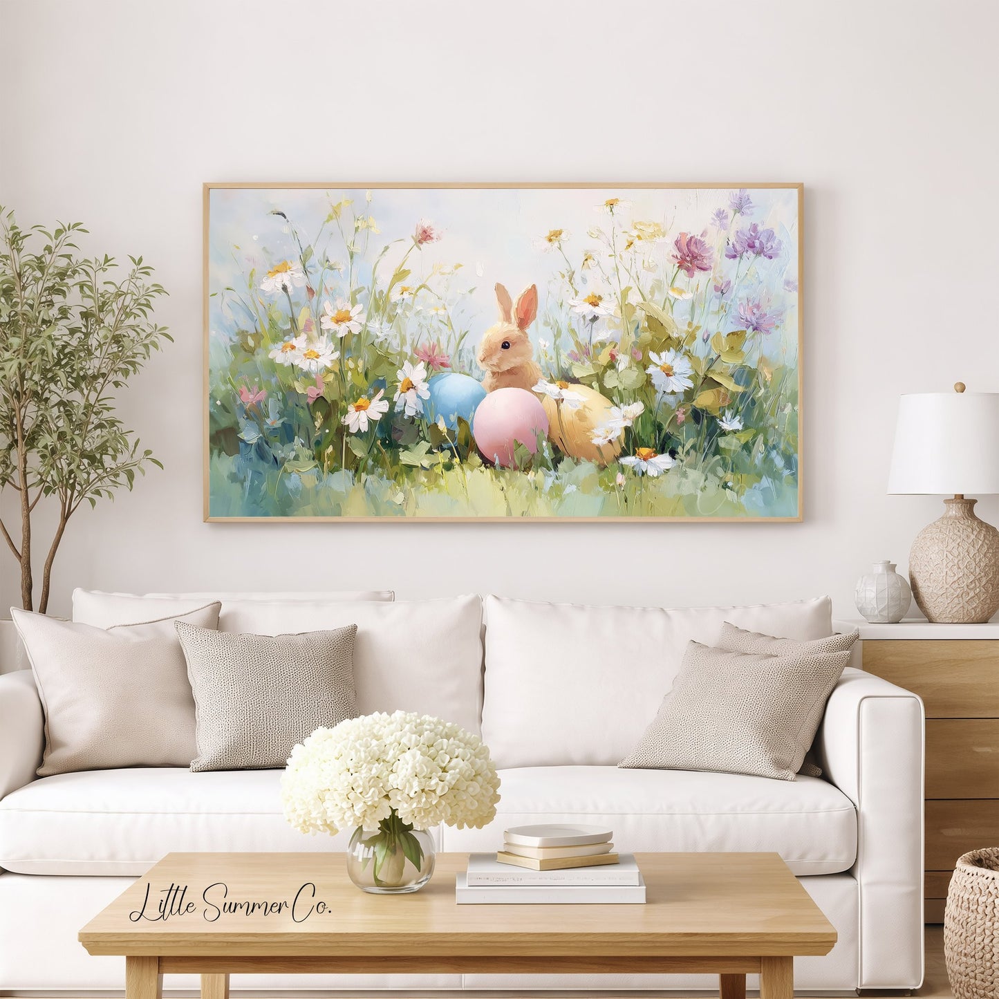 Easter Bunny with Pastel Eggs Frame TV Art displayed on a TV