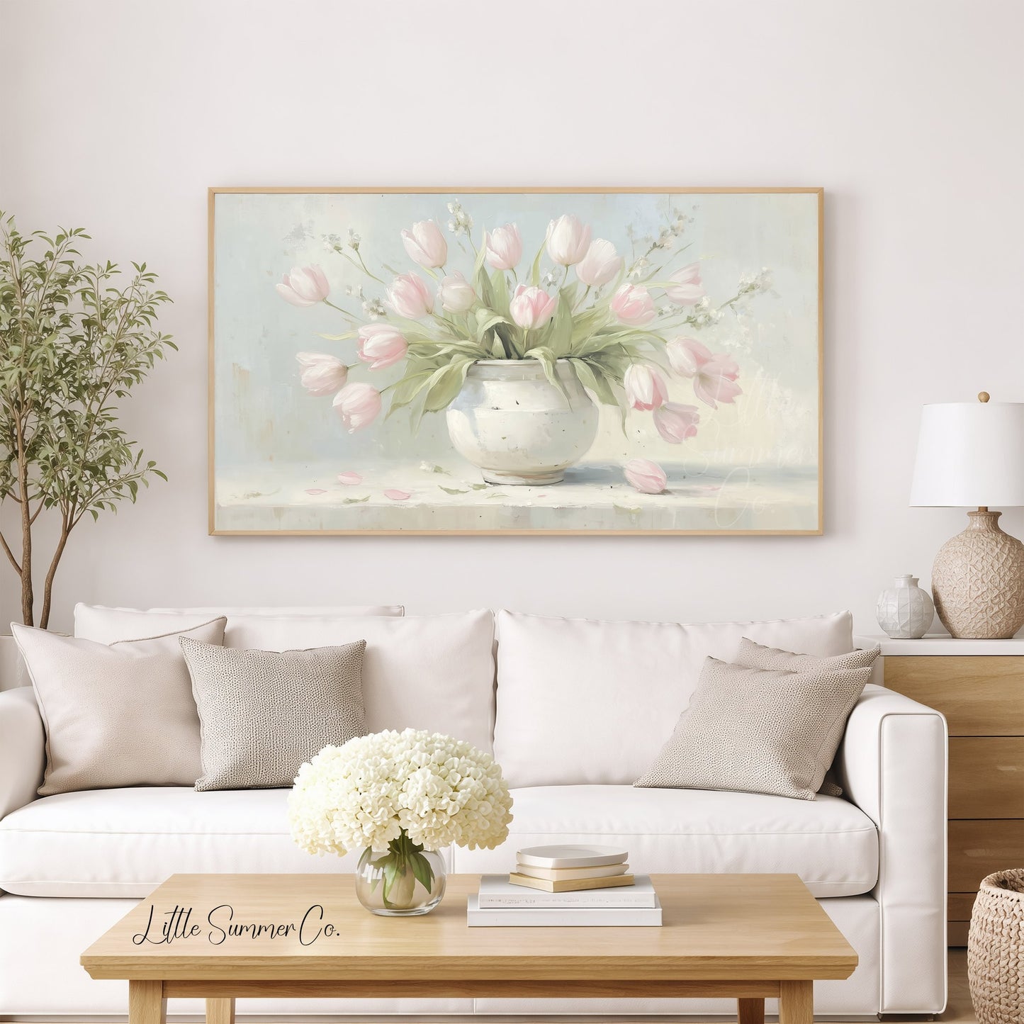 Pink Tulips in White Vase Frame TV Art displayed on a TV