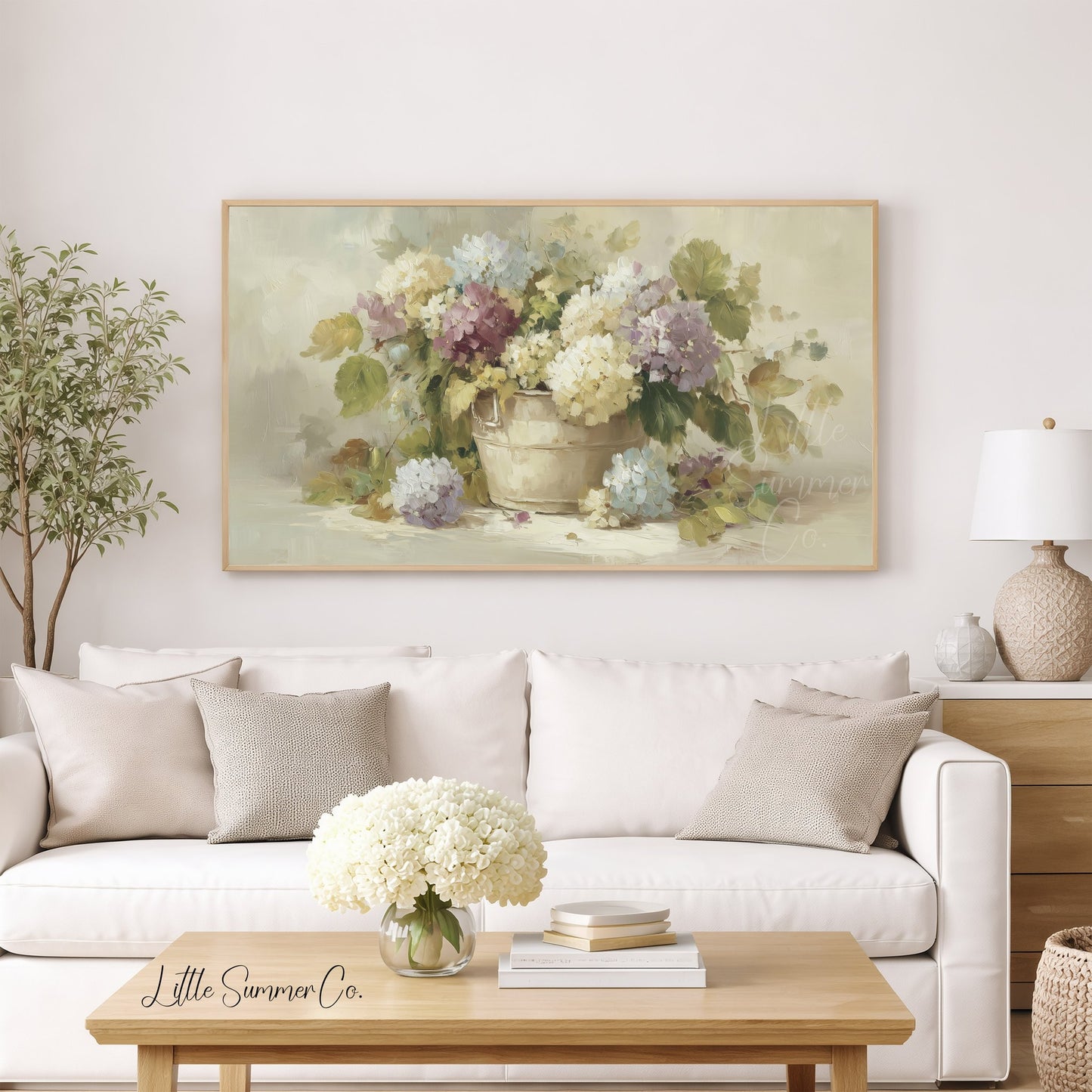 Hydrangeas in Rustic Pot Frame TV Art displayed on a TV