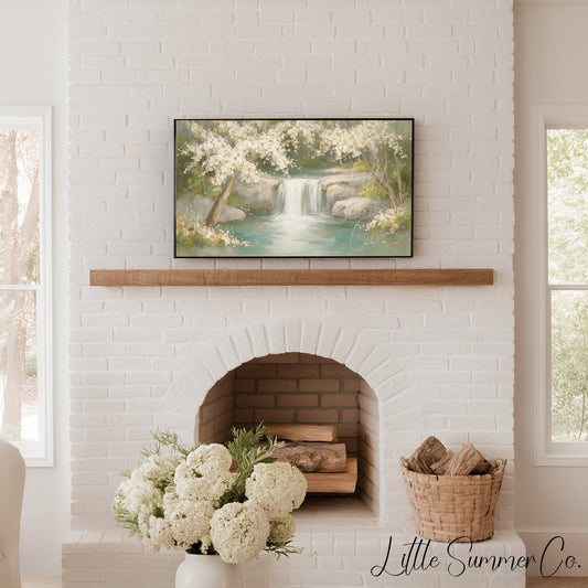 Blossom Waterfall Scene Frame TV Art displayed on a TV