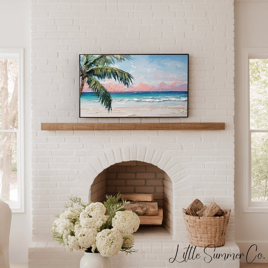 Tropical Beach with Palm Tree Frame TV Art displayed on a TV