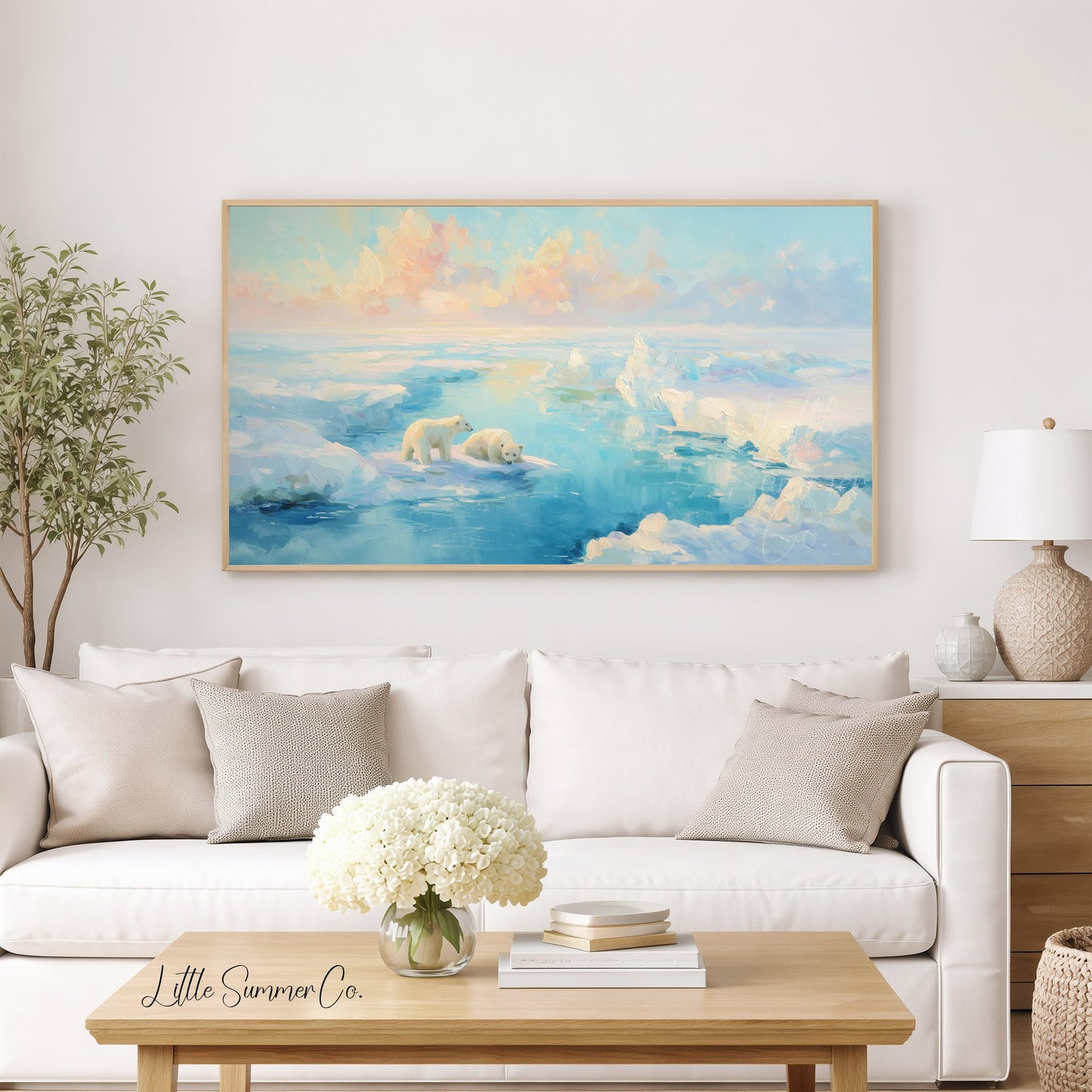 Polar Bears on Arctic Ice Frame TV Art displayed on a TV