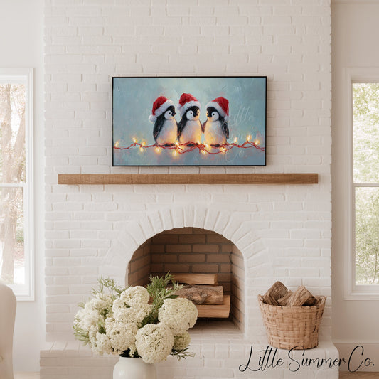 Penguins with Christmas Lights Frame TV Art displayed on a TV
