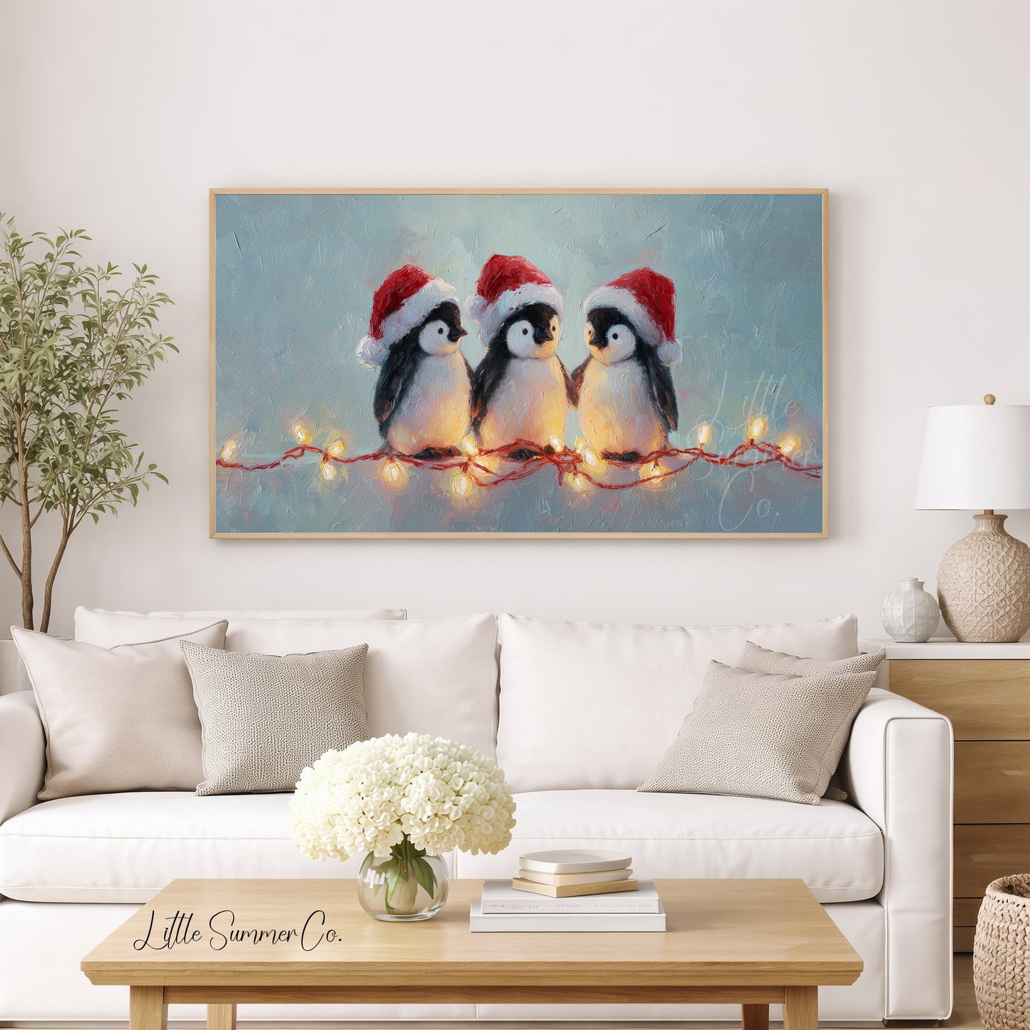 Penguins with Christmas Lights Frame TV Art displayed on a TV